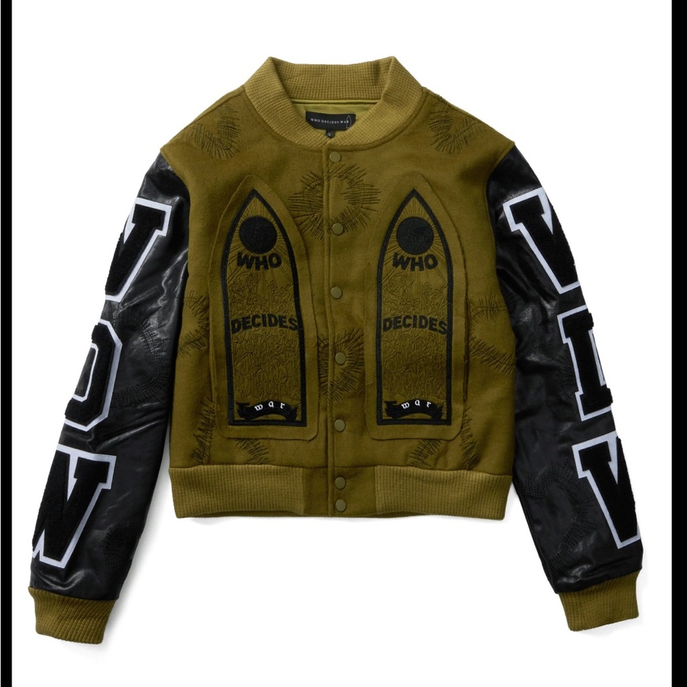 WHO DECIDES WAR Namesake Varsity Olive Jacket